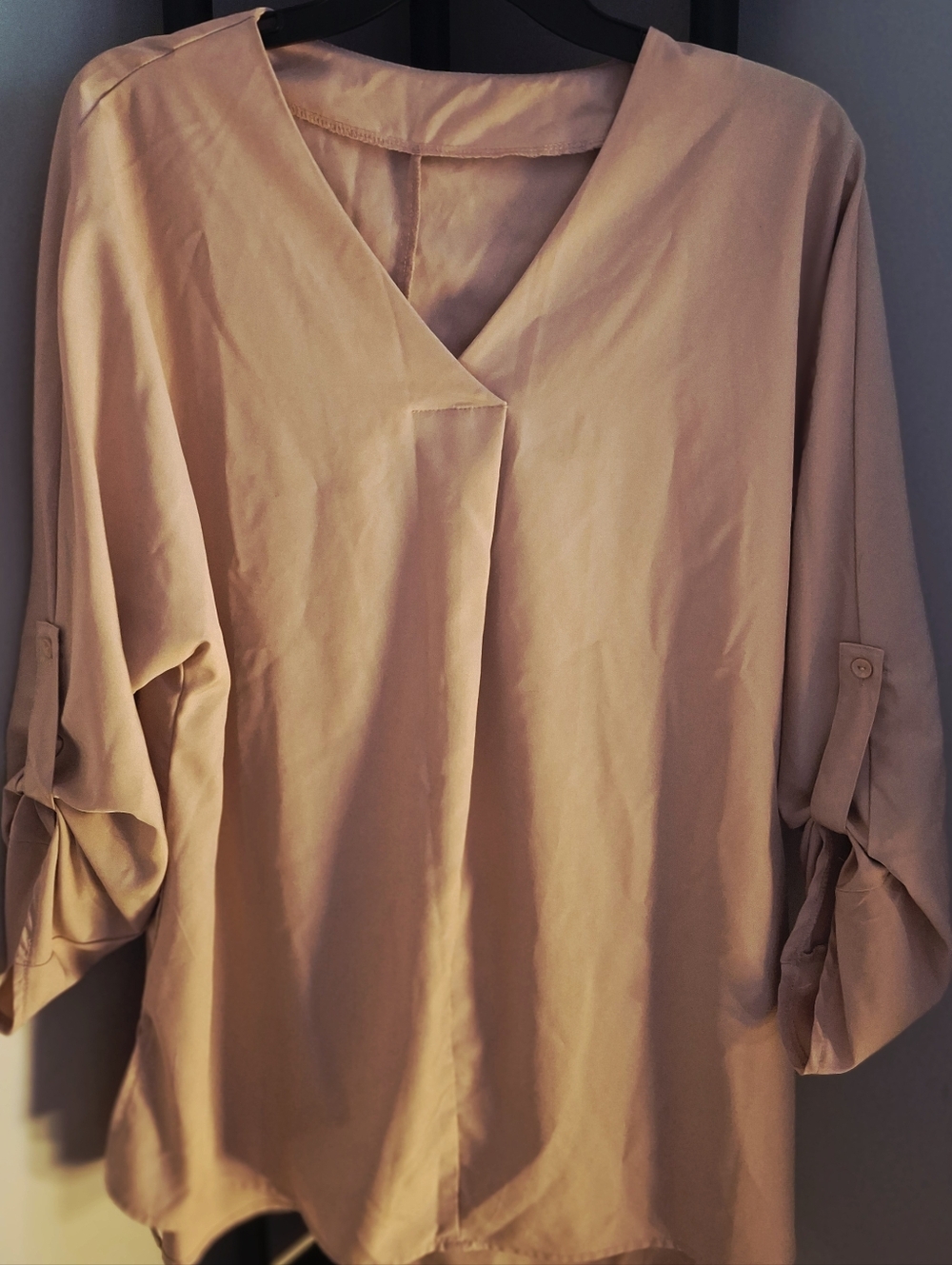 SHEIN Taupe V-Neck Roll-Tab Sleeve Blouse